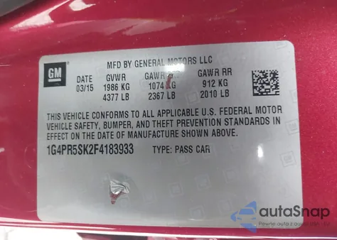 2015 Buick Verano Convenience Group из США, поврежденный, VIN 1G4PR5SK2F4183933